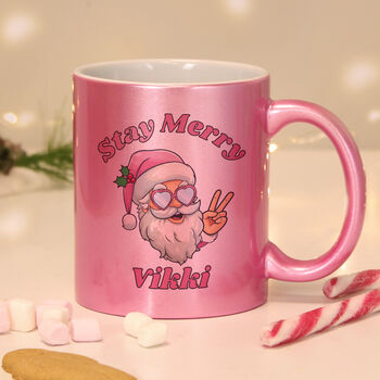 Personalised Stay Merry Retro Santa Pink Mug – Stocking Filler And Secret Santa Gift, 3 of 4