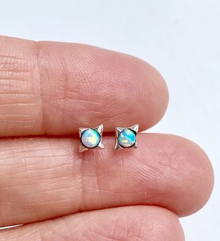 Tiny Sterling Silver Opal Earrings, 2 of 2