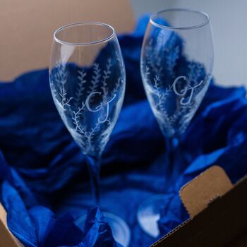 Joint Monogram Hand Engraved Pair Of Champagne Flutes, 8 of 10
