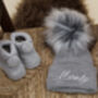 Personalised Grey Single Pom Pom Winter Hat And Booties, thumbnail 1 of 5