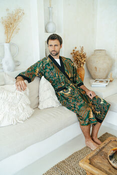 Men's Batik Kimono Robe In Green, 6 of 7