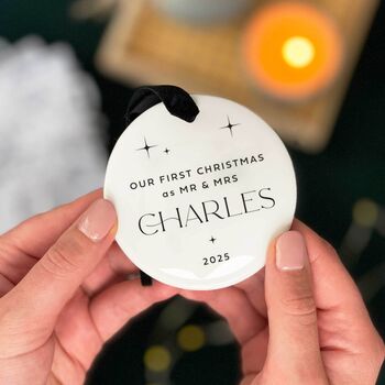 First Christmas As Mr And Mrs Personalised Ceramic Bauble, 4 of 8