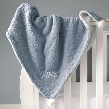 Personalised Dusty Blue Cable Knit Pom Pom Blanket, 3 of 9
