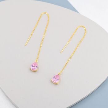 Sterling Silver Tourmaline Pink Cz Droplet Threader Earrings, 4 of 12