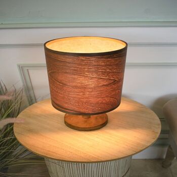 Tall Dark Walnut Table Lamp With A Wooden Light Shade, 5 of 11