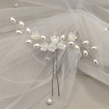 Pearl Flower Bridal Hair Pin With Gold Or Silver Wire, 11 of 13