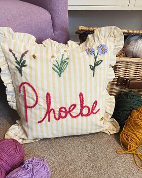 Hand Embroidered Personalised Cushion Lemon Stripe Ruffle Trim, 5 of 7