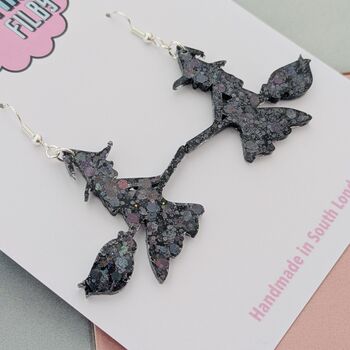 Black Glitter Witch On A Broom Halloween Resin Earrings, 2 of 4