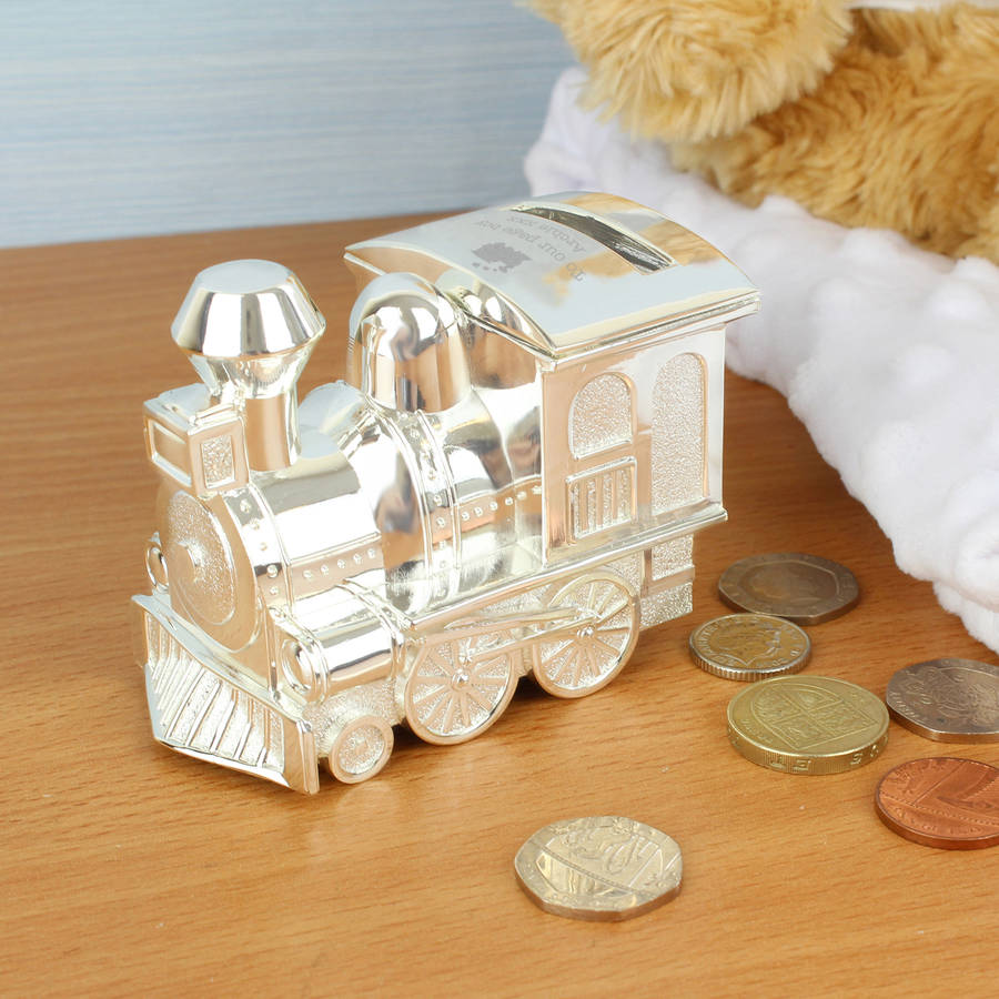 Personalised Engraved Silver Train Money Box, 1 of 2