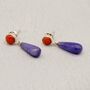 Purple Jade, Red Coral Drop Earrings, thumbnail 3 of 8