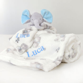 Personalised Blue Ears Elephant Comforter Blanket Set, 4 of 7