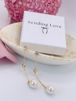 Long Dangle Pearl Bridal Earrings, 4 of 6