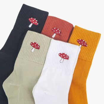 Women's Toadstools Embroidered Cotton Ankle Socks Five Pack, 2 of 7