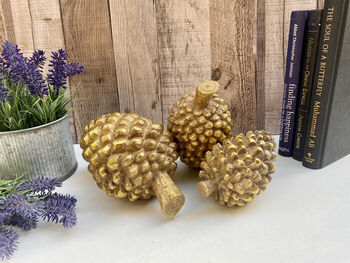 Set Of Three Champagne Gold Pinecone Decorations Ornaments, 2 of 9