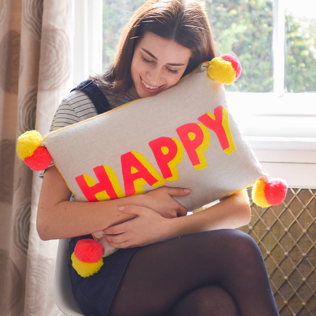 Embroidered Pom Pom 'Happy' Cushion, 1 of 4