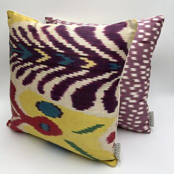 Square Ikat Silk Cushion Yellow And Purple Abstract, 4 of 7