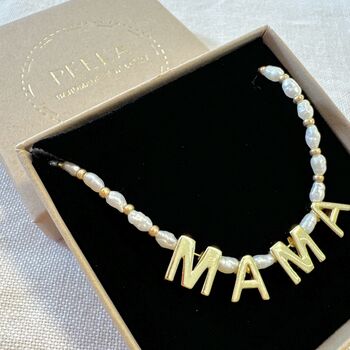 Dainty Pearl 'Mama' Necklace Delicate Gold Name Necklace Authentic Pearls, 3 of 5