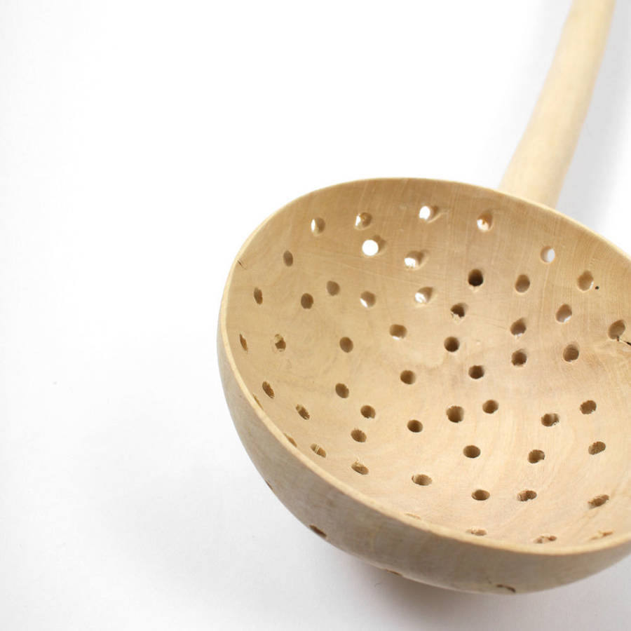 Hand Carved Wood Sieve Spoon By Bohemia