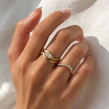 Gold Sculptural Ring Set With Bezel Set Marquise Stone, 18k Gold Vermeil Stacking Rings, 5 of 8
