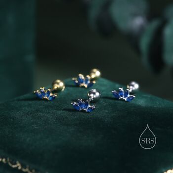 Sterling Silver Sapphire Blue Cz Lotus Flower Screw Back Earrings, 5 of 12