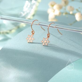 Sterling Silver Minimalist Snowflake Drop Hook Earrings, 4 of 11