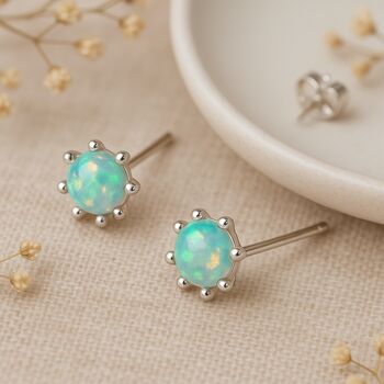 Sterling Silver Green Opal October Birthstone Stud Earrings, 2 of 8