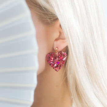Pink Glitter Heart Shaped Dangle Earrings, 2 of 6