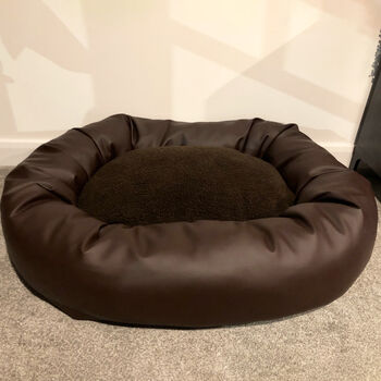 Vegan Leather Donut Dog Bed With Sherpa Fleece Cushion, 11 of 12