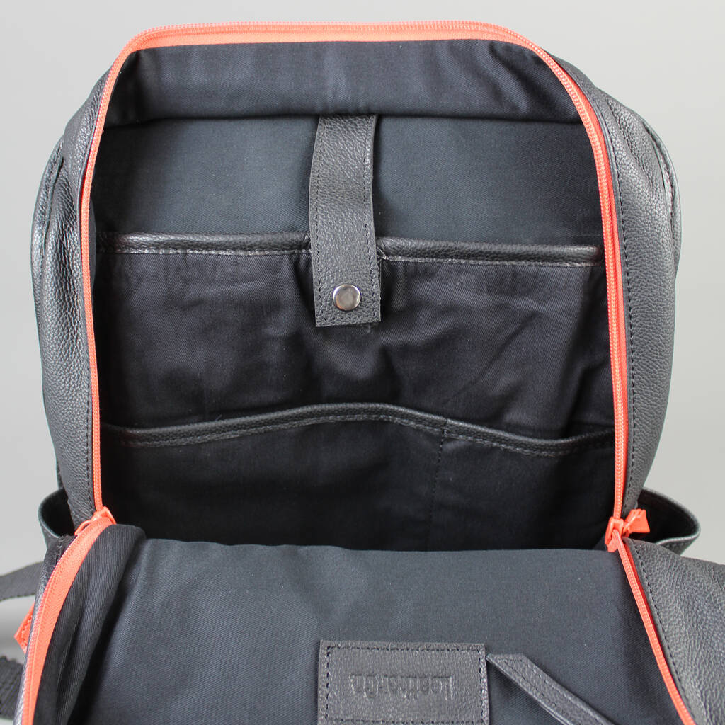 Black Leather Laptop Backpack Bag With Orange Zip By Vintage Child ...