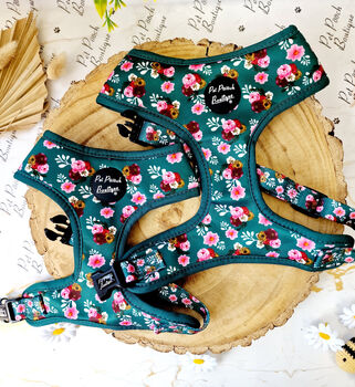 Vintage Clover Green Peonies Dog Harness With Optional Set, 2 of 12