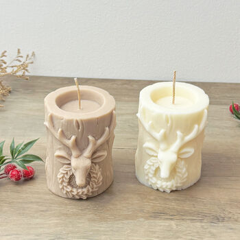 Beige Stag Christmas Pillar Candle Christmas Reindeer Decor, 8 of 10