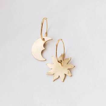 Recycled Brass Sun And Moon Gold Plated Hoop Earrings, 2 of 7