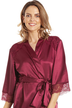 British Made Burgundy Short Satin Dressing Gown With Lace Detail, 2 of 5