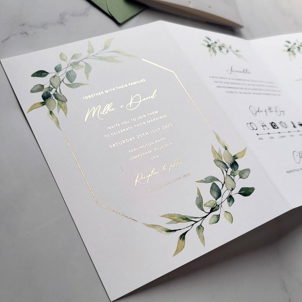 Foil And Greenery Wedding Invitation, 1 of 5