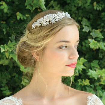 Blanche Silver Plated Pearl Cluster Bridal Headband, 5 of 7
