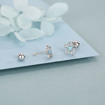 Sterling Silver Opal Flower Stud Earrings 18 G Screw Back With Ball Backs, 5 of 10