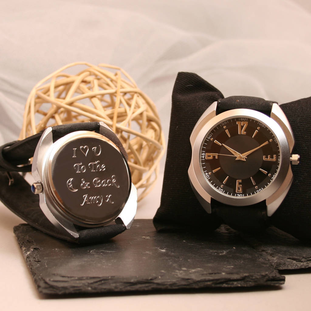 personalised wrist watch silver with black dial by