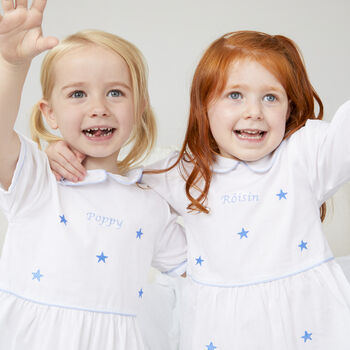 Personalised Girl's Cotton Blue Star Dress Long Sleeve, 2 of 4
