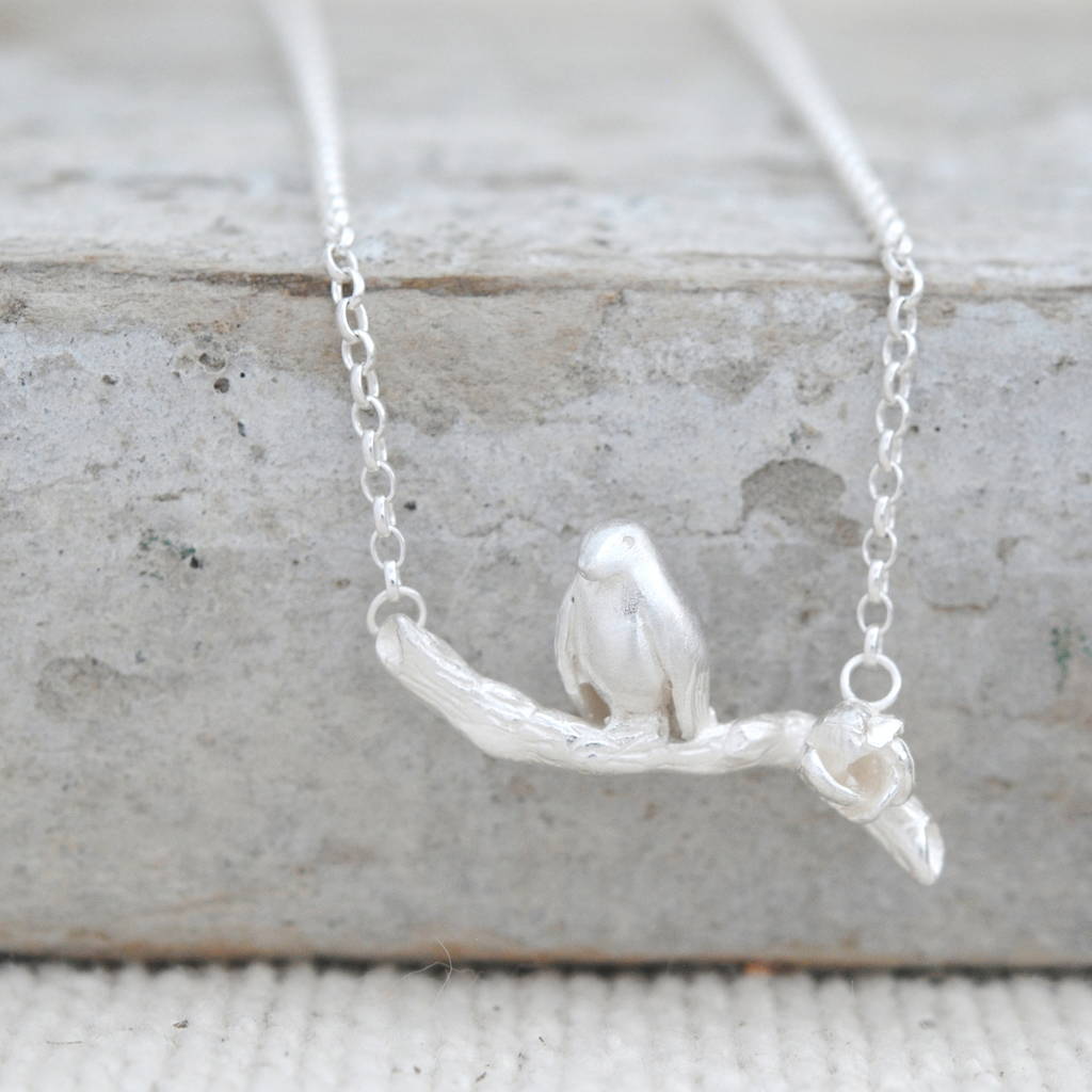 Lucky Robin On A Branch Necklace In Silver, 1 of 5