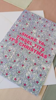 Shake Ya Tinsel Tits Christmas Card – Pink And Silver Glittery A5 – Blank Inside, 2 of 5
