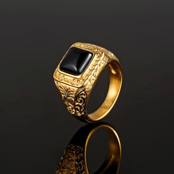 Men's Silver Black Quartz Gemstone Signet Ring, 7 of 12
