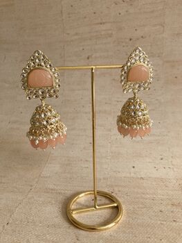 Peach Gold Kundan Jhumki Indian Earrings, 5 of 6