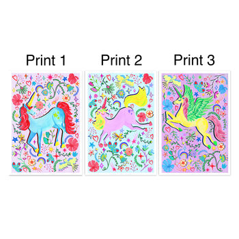 Lilac Unicorn Nursery Print Set – Set Of Two Or Three Whimsical Wall Art Prints, 3 of 12