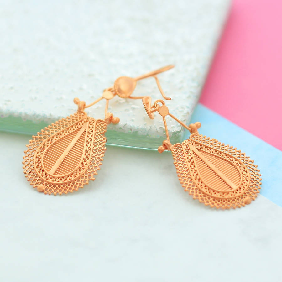 Statement Rose Gold Filigree Drop Earrings By Embers Gemstone Statement Rose Gold Filigree Drop Earrings