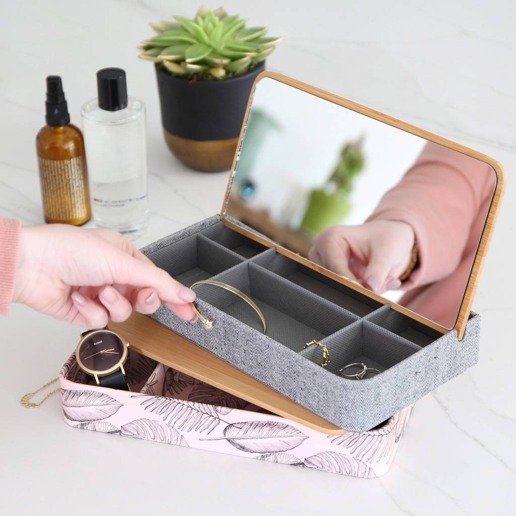 Bamboo Lid Jewellery Box In Pink Botanical By Lisa Angel