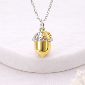 Personalised Sterling Silver And Gold Acorn Pendant Necklace With Leaf, 4 of 11