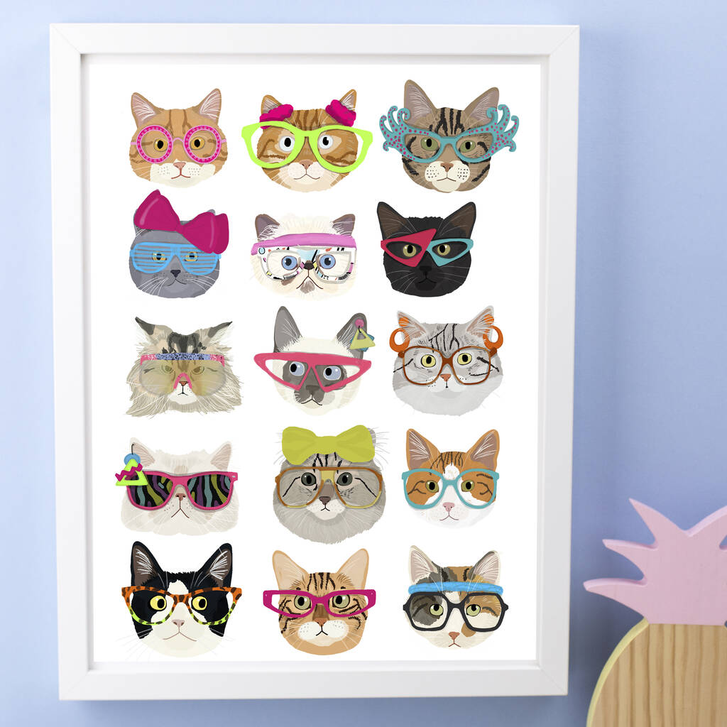 Cats In Glasses 80s Style Print