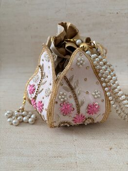 Pink Handcrafted Raw Silk Potli Bag/Wrist Bag, 3 of 8