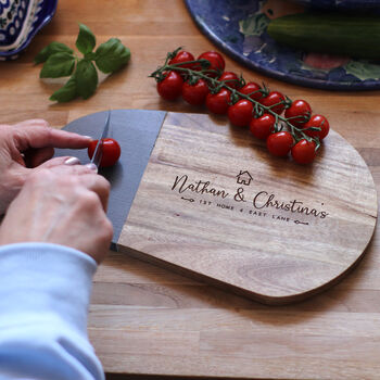 Personalised First Home Wood And Slate Chopping Board, 5 of 5