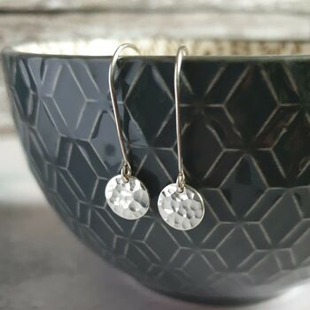 Hammered Disc Drop Silver Earrings, 2 of 4